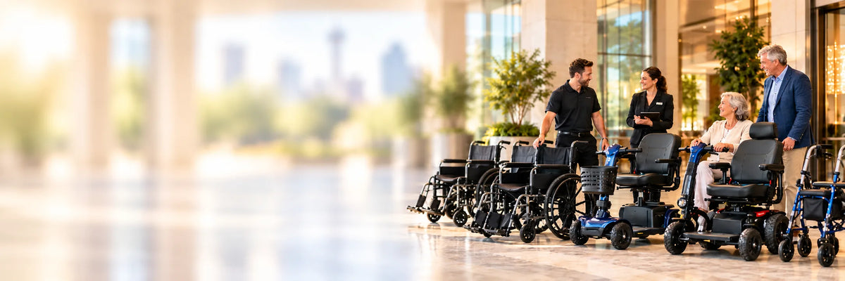 Wheelchairs, scooters, and rollators delivered to a Dallas hotel for an event, with a Hieline Medical team member, hotel staff, and guests