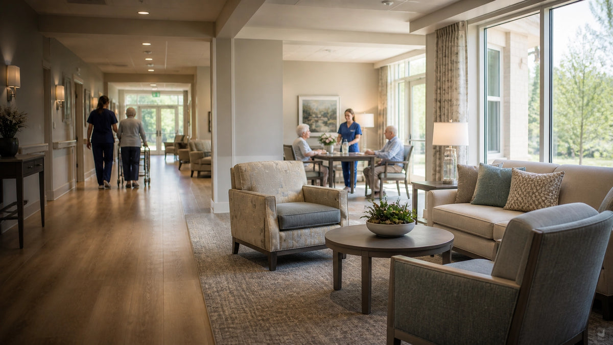 Residents and staff in a bright senior living community lounge