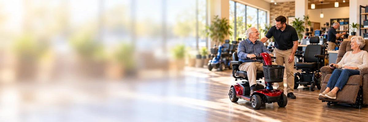Hieline Medical showroom in Plano with a customer trying a mobility scooter