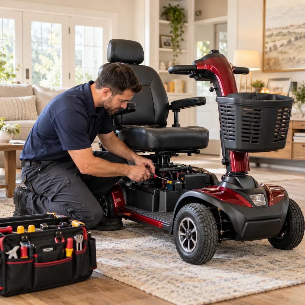 Technician repairing a mobility scooter at a customer's home