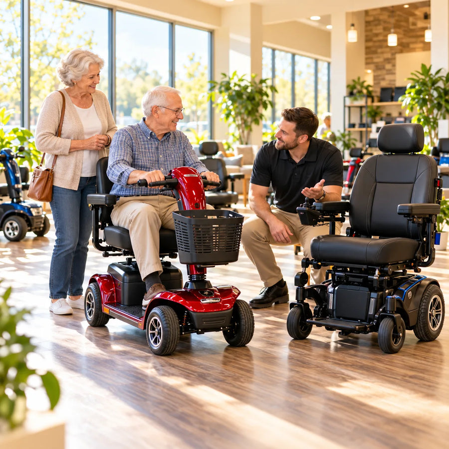 Customer trying a scooter and power chair in the Plano showroom