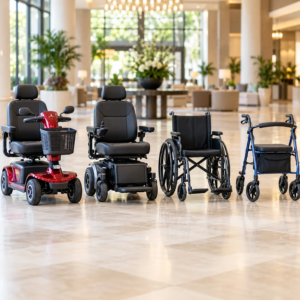 A mobility scooter, power wheelchair, manual wheelchair, and rollator available to rent