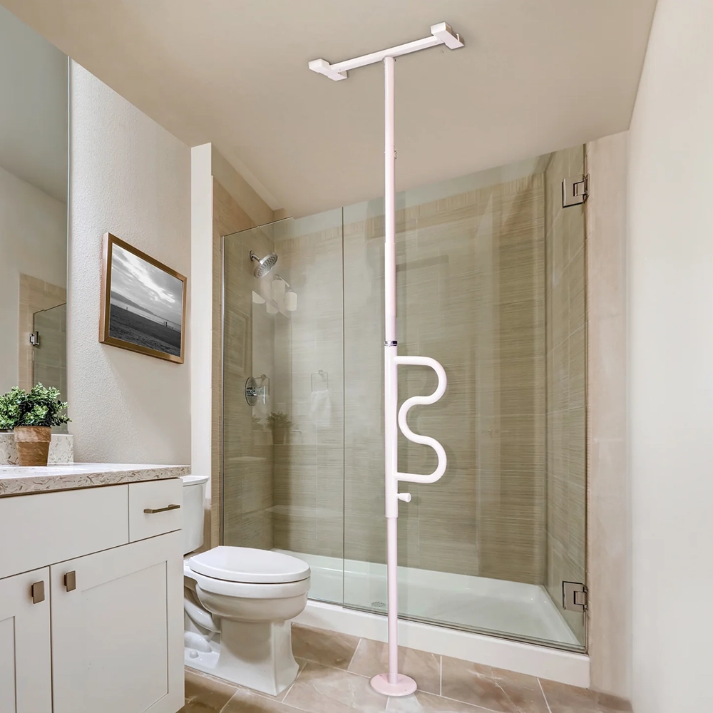 Stander security pole and curve grab bar