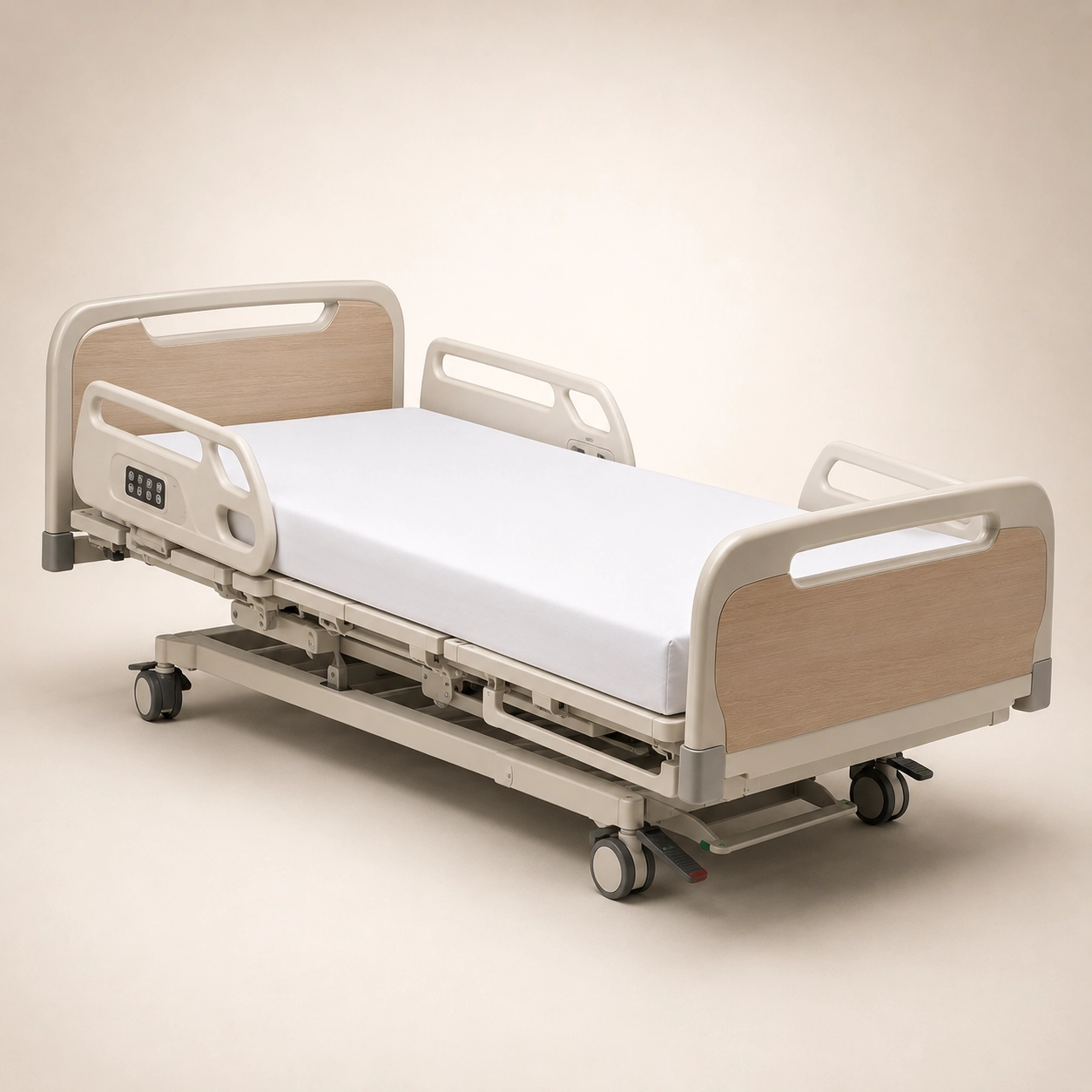 Adjustable hospital bed with side rails serviced and repaired by Hieline Medical in Plano, TX