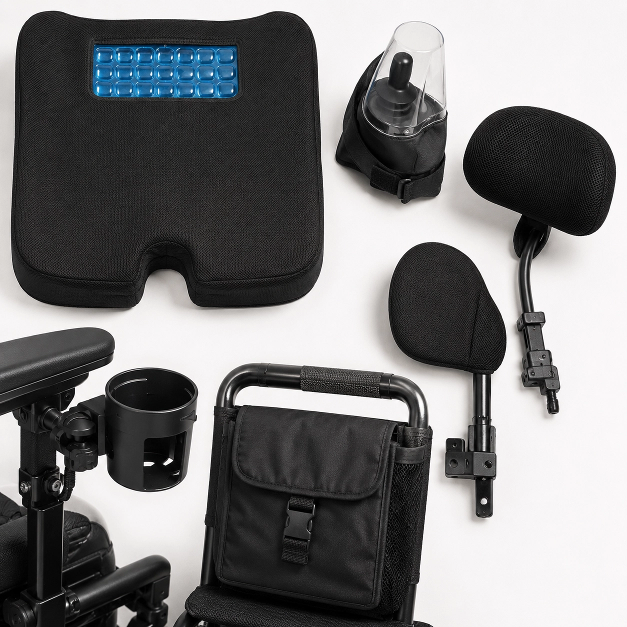 Power wheelchair accessories including seat cushion, headrest, lateral support and cup holder