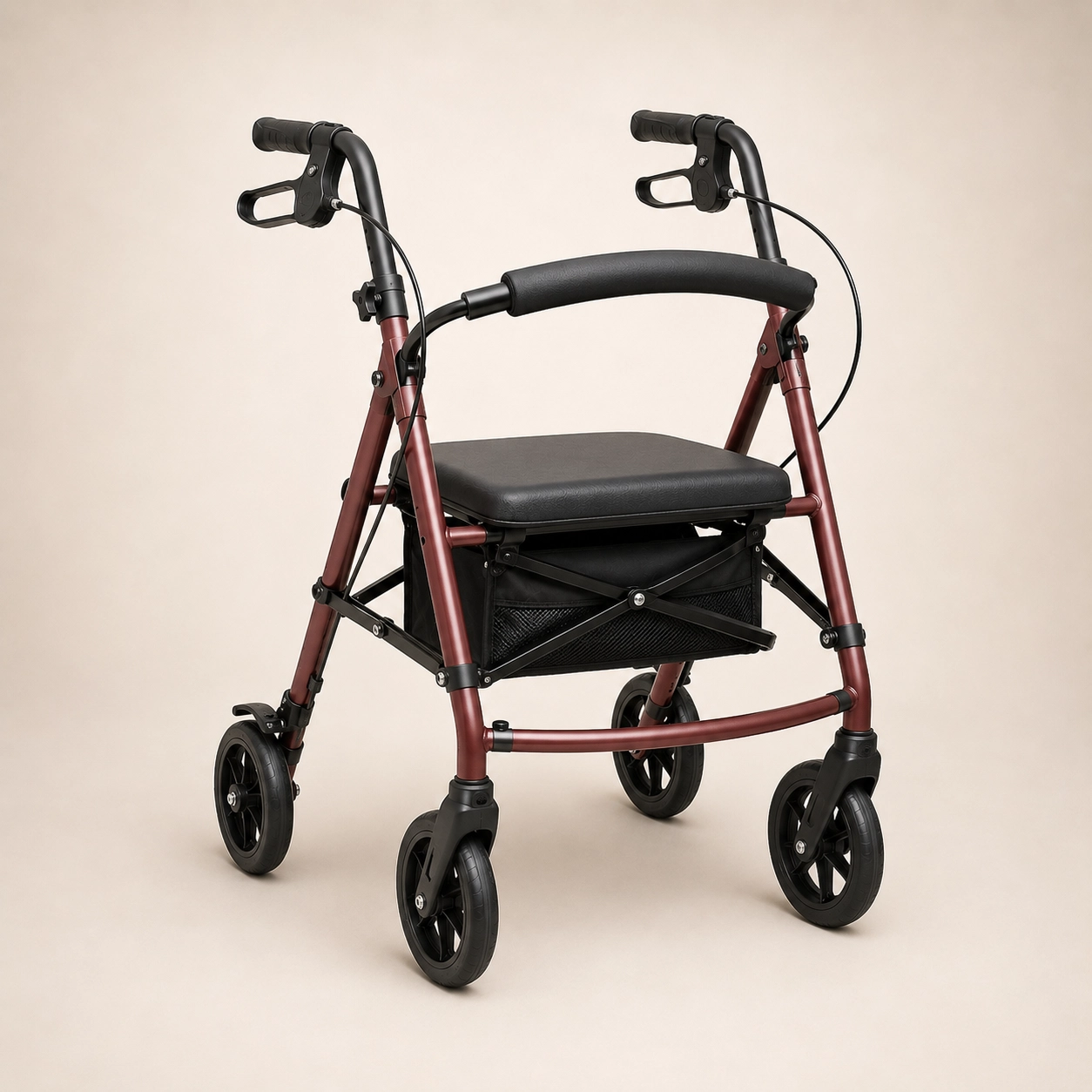 Four-wheel rollator walker with seat serviced and repaired by Hieline Medical in Plano, TX