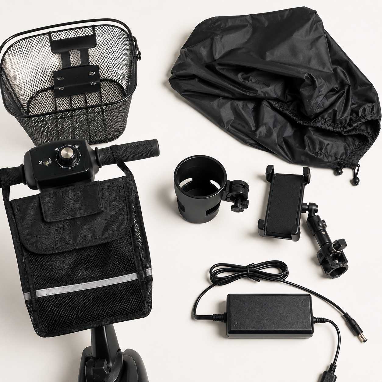 Mobility scooter accessories including basket, cup holder, phone mount and rain cover