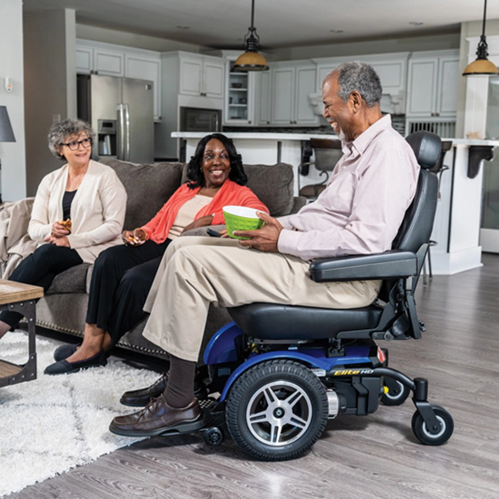 Standard full-size power wheelchair with joystick control for indoor and outdoor use
