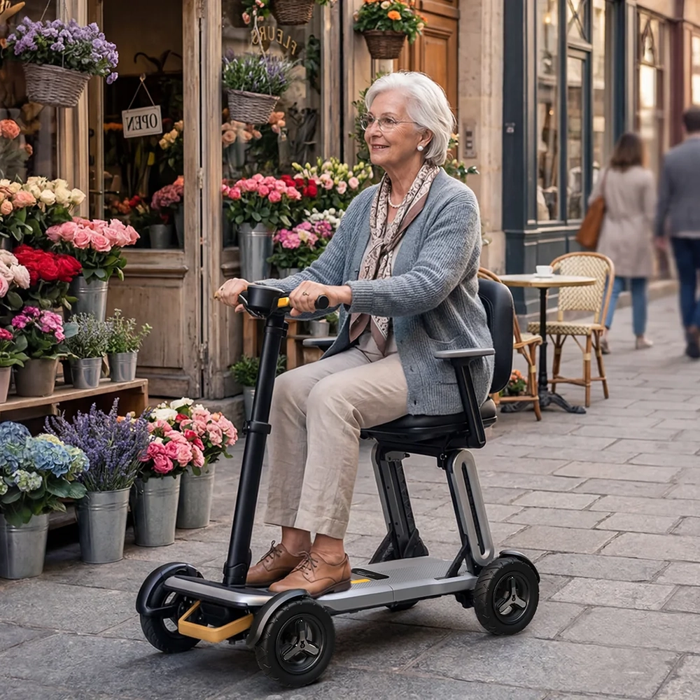 Folding travel mobility scooter that disassembles for car and airline transport